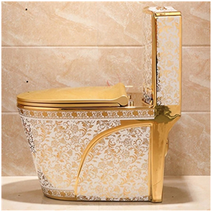 European Ceramic Floor Mount Lavatory in White and Gold Floral Design